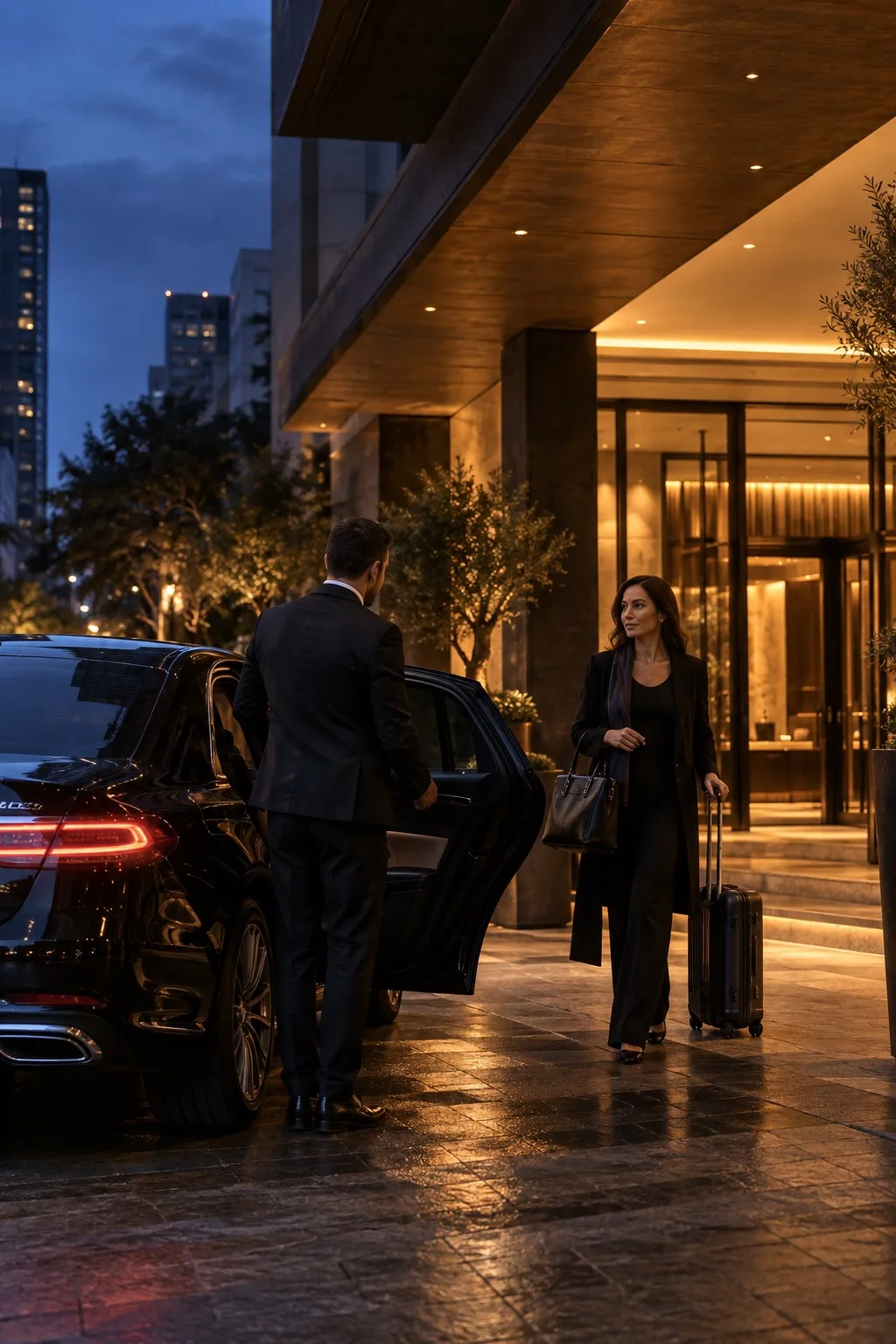 Cena ilustrativa de chegada em veículo executivo à entrada de um hotel