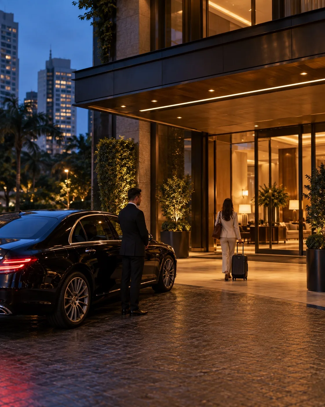 Cena ilustrativa de motorista recebendo passageiro em hotel